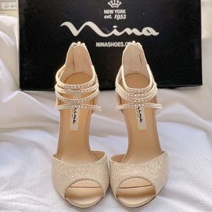 Nina Shoes Champagne Pearl Embellished Open-Toe Heels